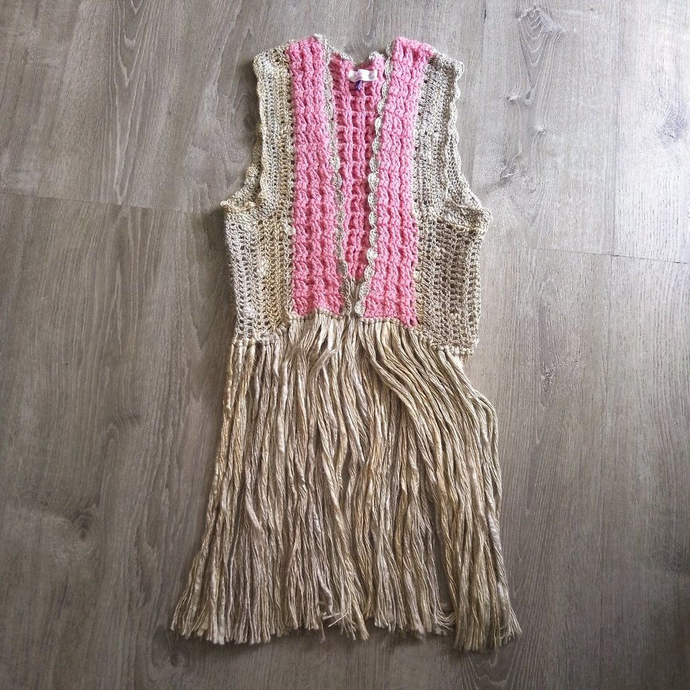Hand Crochet Gypsy Inspired Beige and Pink Vest with Extra Long Fringes